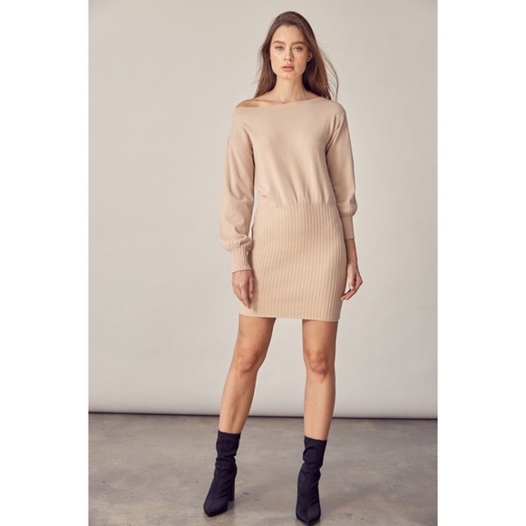 Off Shoulder Ribbed Sweater Dress - Picture 1 of 4